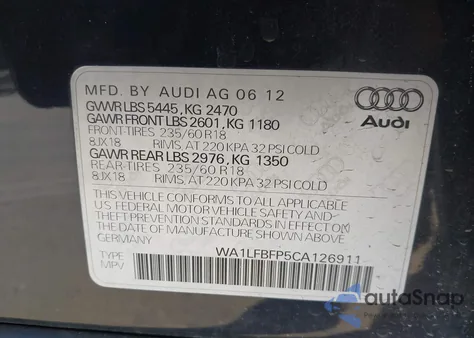 2012 Audi Q5 2.0T Premium from USA, damaged, VIN WA1LFBFP5CA126911
